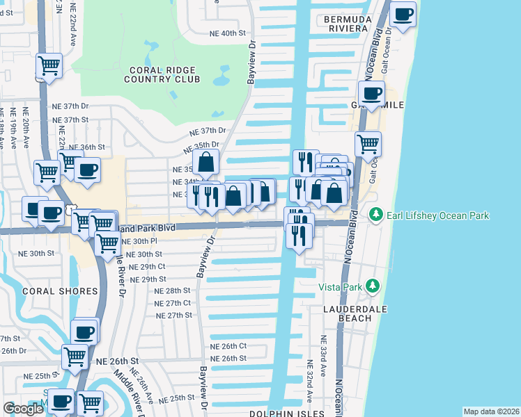 map of restaurants, bars, coffee shops, grocery stores, and more near 2857 Northeast 32nd Street in Fort Lauderdale