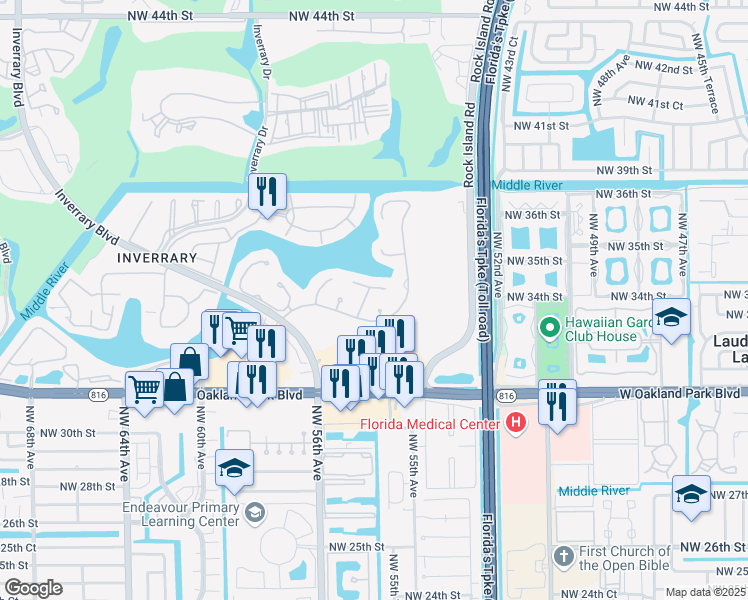 map of restaurants, bars, coffee shops, grocery stores, and more near 3405 Lime Hill Road in Lauderhill