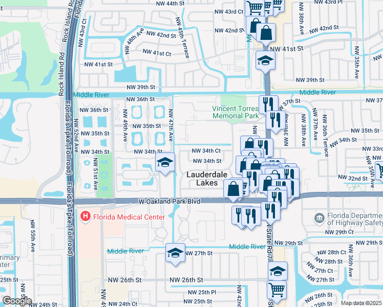 map of restaurants, bars, coffee shops, grocery stores, and more near 4541 Northwest 34th Court in Lauderdale Lakes