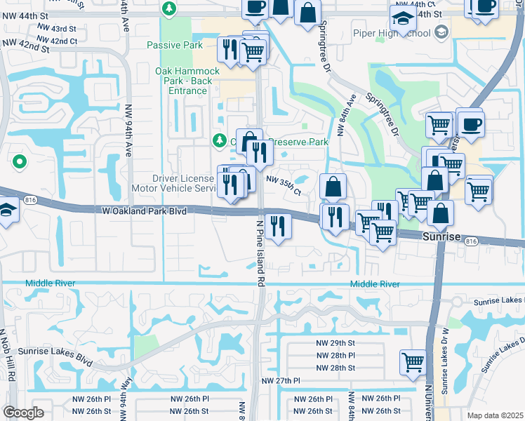 map of restaurants, bars, coffee shops, grocery stores, and more near W Oakland Park Blvd & N Pine Island Rd & Pine Island Rd in Sunrise