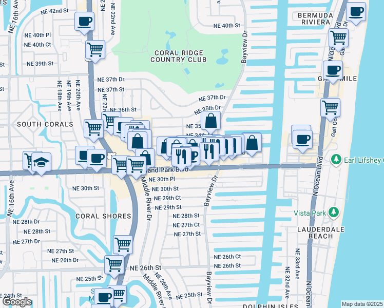 map of restaurants, bars, coffee shops, grocery stores, and more near 2724 Northeast 33rd Street in Fort Lauderdale
