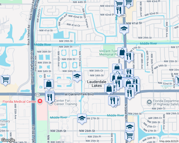 map of restaurants, bars, coffee shops, grocery stores, and more near 4541 Northwest 34th Court in Lauderdale Lakes