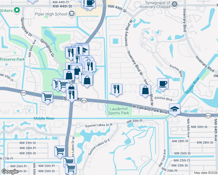 map of restaurants, bars, coffee shops, grocery stores, and more near 3461 Northwest 75th Terrace in Lauderhill