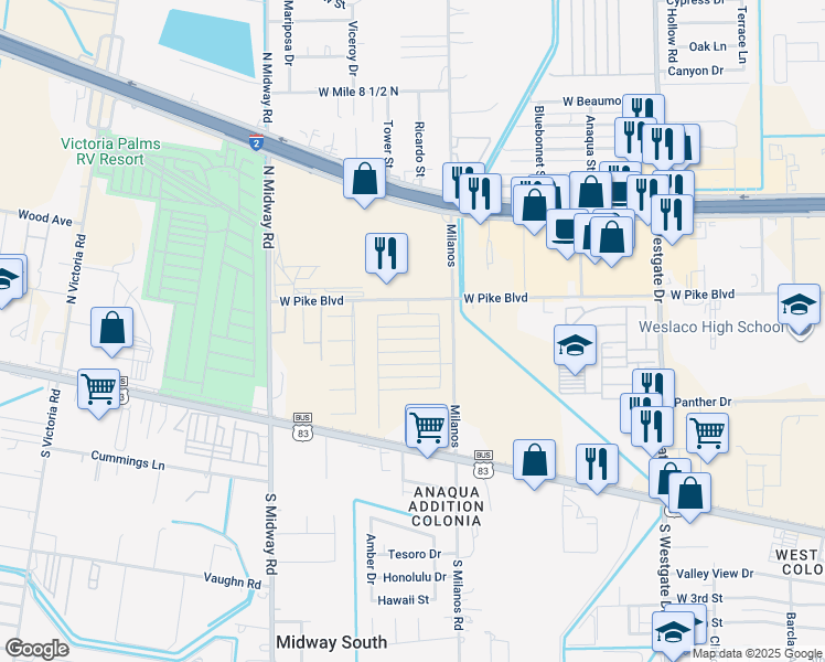 map of restaurants, bars, coffee shops, grocery stores, and more near 2803 West Pike Boulevard in Weslaco