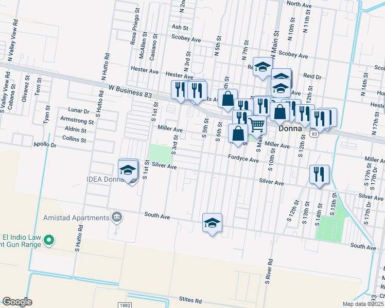 map of restaurants, bars, coffee shops, grocery stores, and more near 414 Alvarez Avenue in Donna