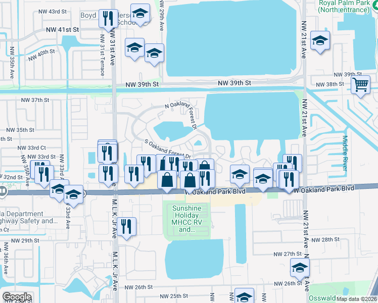 map of restaurants, bars, coffee shops, grocery stores, and more near 2701 South Oakland Forest Drive in Oakland Park