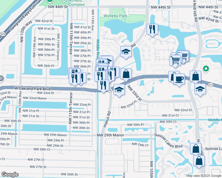 map of restaurants, bars, coffee shops, grocery stores, and more near W Oakland Park Blvd & N Hiatus Rd in Sunrise