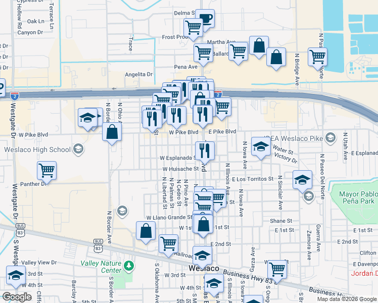 map of restaurants, bars, coffee shops, grocery stores, and more near 801 North Pino Street in Weslaco