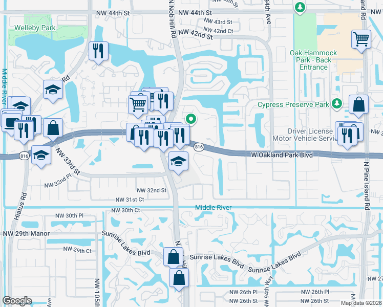 map of restaurants, bars, coffee shops, grocery stores, and more near 9970 West Oakland Park Boulevard in Sunrise