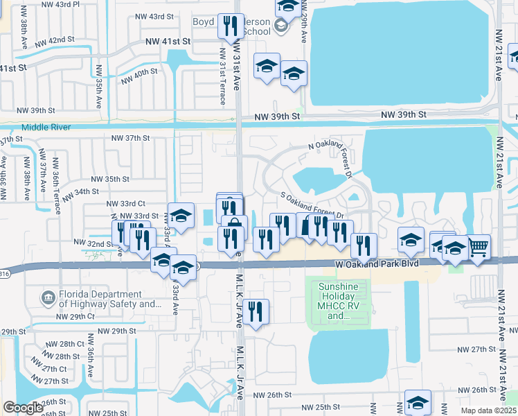 map of restaurants, bars, coffee shops, grocery stores, and more near 3016 South Oakland Forest Drive in Oakland Park