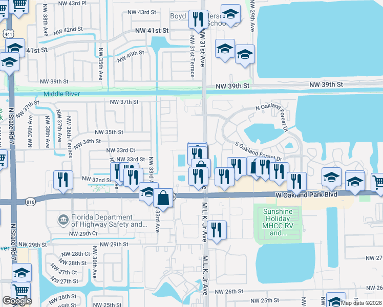 map of restaurants, bars, coffee shops, grocery stores, and more near 3262 Northwest 31st Terrace in Lauderdale Lakes