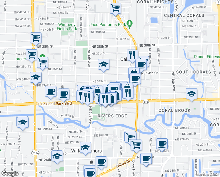 map of restaurants, bars, coffee shops, grocery stores, and more near 936 Northeast 33rd Street in Oakland Park