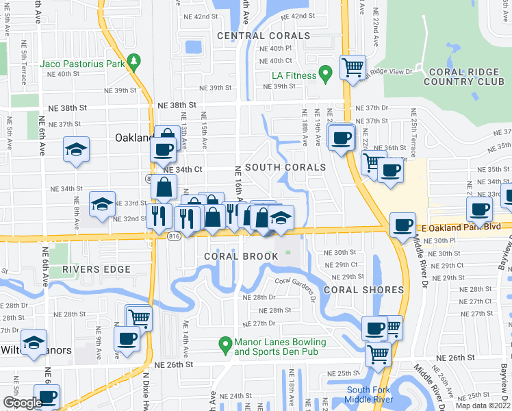 map of restaurants, bars, coffee shops, grocery stores, and more near 1625-1633 Northeast 33rd Street in Oakland Park