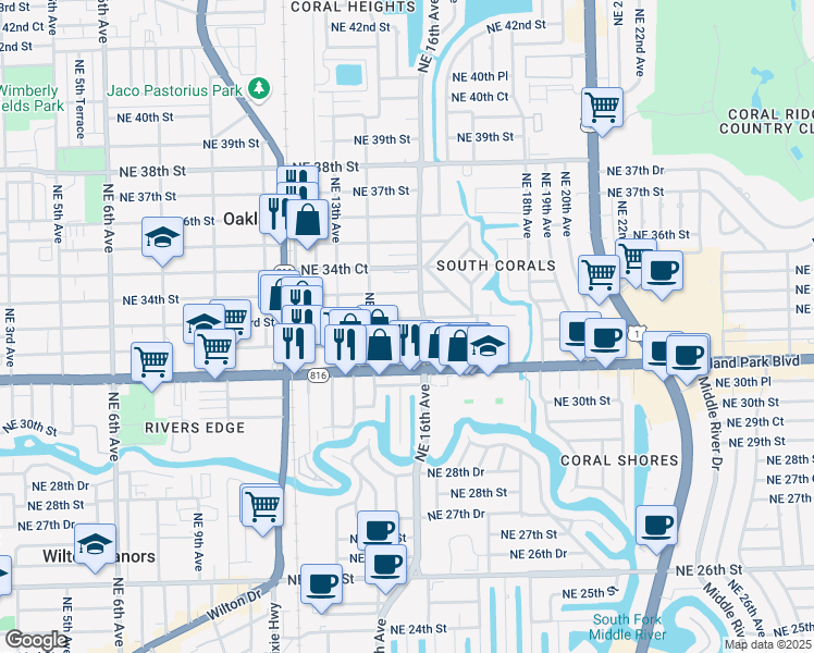 map of restaurants, bars, coffee shops, grocery stores, and more near 1567 Northeast 33rd Street in Oakland Park