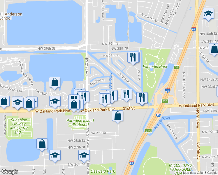 map of restaurants, bars, coffee shops, grocery stores, and more near 3331 Northwest 18th Avenue in Oakland Park