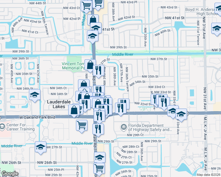 map of restaurants, bars, coffee shops, grocery stores, and more near 3401 Northwest 38th Avenue in Lauderdale Lakes