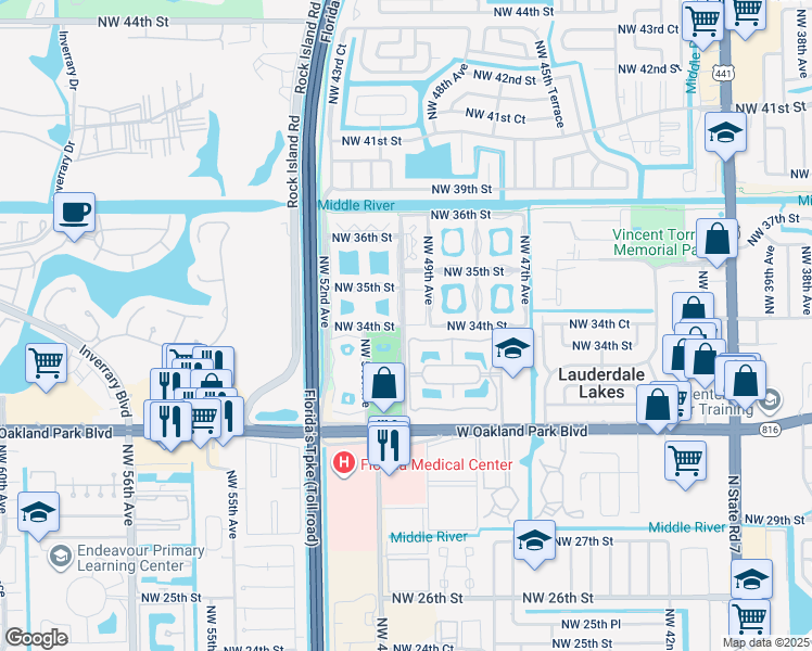 map of restaurants, bars, coffee shops, grocery stores, and more near 3400 Northwest 50th Avenue in Lauderdale Lakes