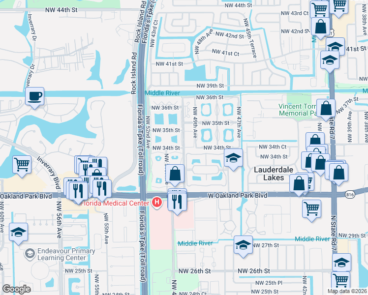 map of restaurants, bars, coffee shops, grocery stores, and more near 3400 Northwest 50th Avenue in Lauderdale Lakes
