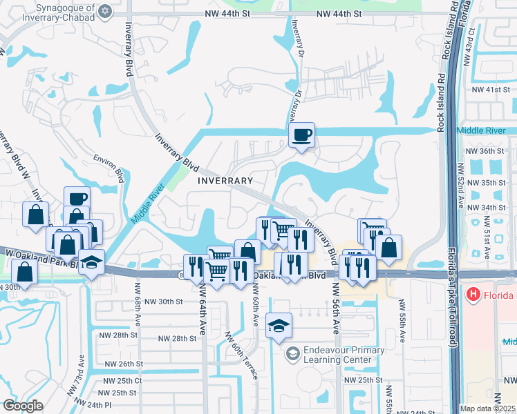 map of restaurants, bars, coffee shops, grocery stores, and more near 3360 Spanish Moss Terrace in Lauderhill