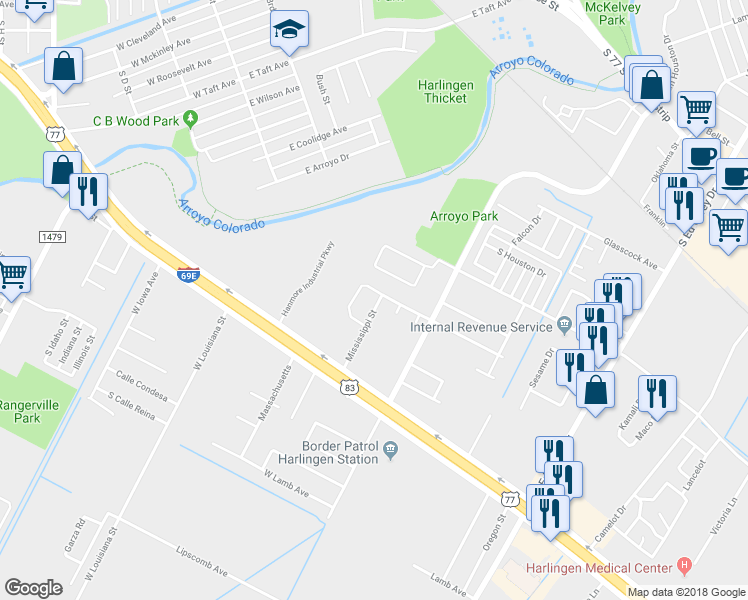 map of restaurants, bars, coffee shops, grocery stores, and more near 3 Arroyovista Court in Harlingen