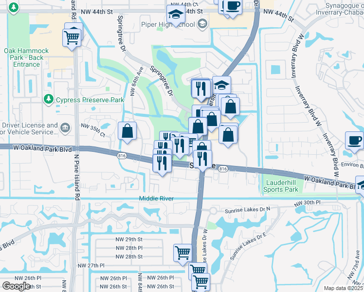 map of restaurants, bars, coffee shops, grocery stores, and more near 3469 North University Drive in Sunrise