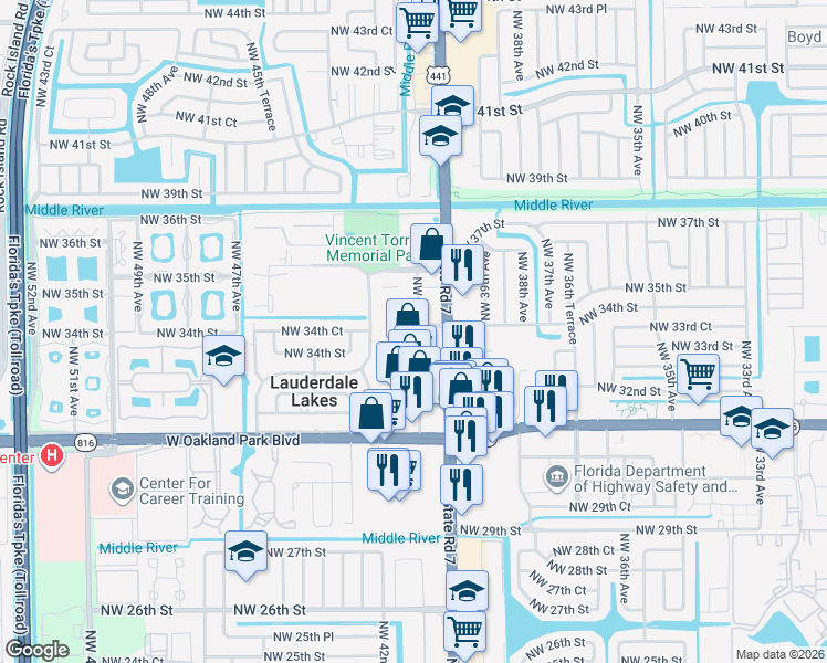 map of restaurants, bars, coffee shops, grocery stores, and more near 4150 Northwest 34th Street in Lauderdale Lakes