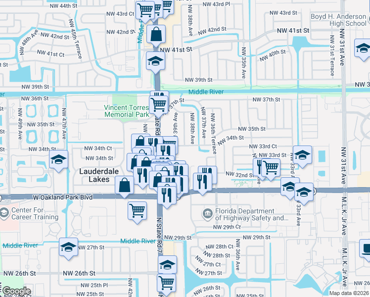 map of restaurants, bars, coffee shops, grocery stores, and more near 3401 Northwest 38th Avenue in Lauderdale Lakes