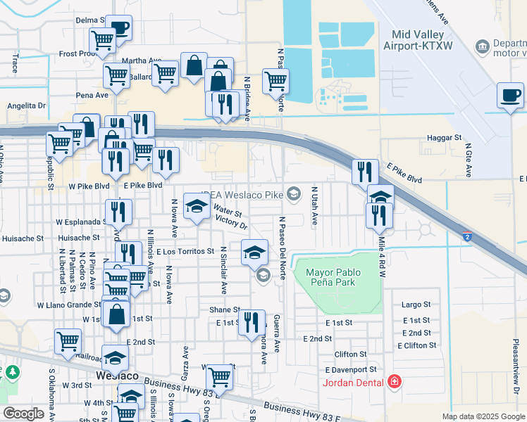 map of restaurants, bars, coffee shops, grocery stores, and more near 814 Rebecca Street in Weslaco