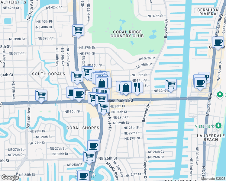 map of restaurants, bars, coffee shops, grocery stores, and more near 2616 Northeast 33rd Street in Fort Lauderdale