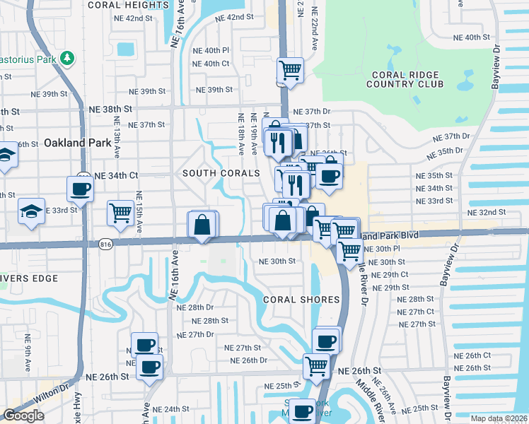 map of restaurants, bars, coffee shops, grocery stores, and more near 1867 Northeast 33rd Street in Oakland Park