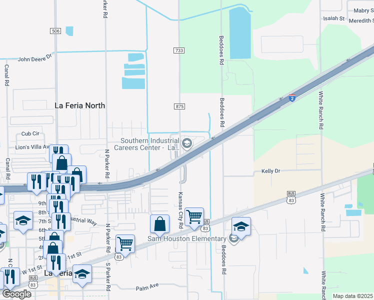 map of restaurants, bars, coffee shops, grocery stores, and more near 131134 East Expressway 83 in La Feria