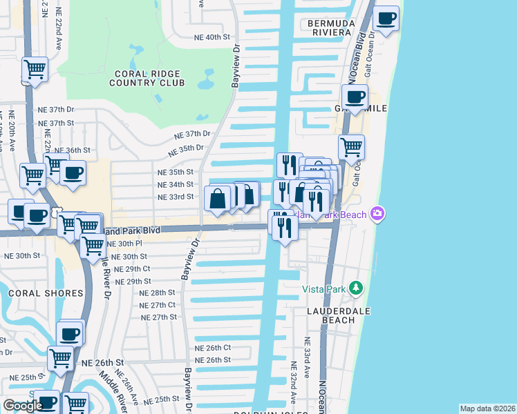 map of restaurants, bars, coffee shops, grocery stores, and more near 2895 Northeast 32nd Street in Fort Lauderdale