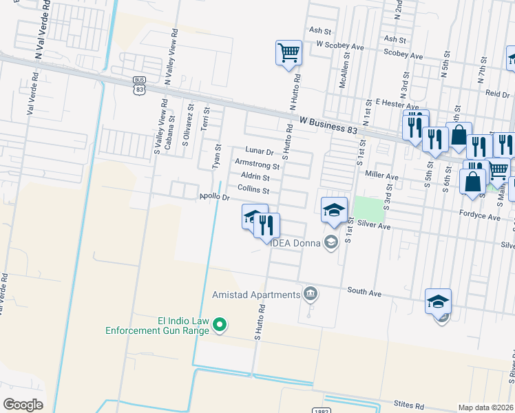 map of restaurants, bars, coffee shops, grocery stores, and more near 116 Apollo Drive in Donna