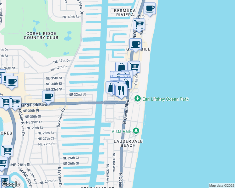 map of restaurants, bars, coffee shops, grocery stores, and more near 3324 Northeast 33rd Street in Fort Lauderdale