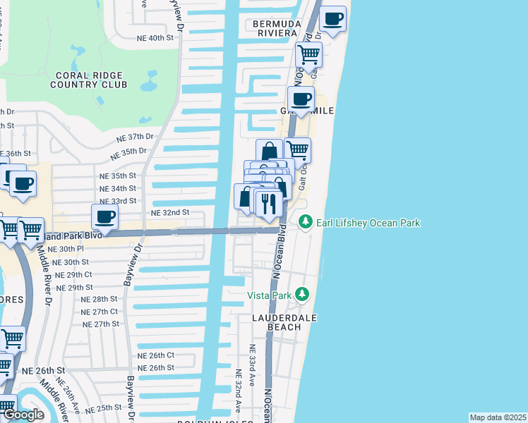 map of restaurants, bars, coffee shops, grocery stores, and more near 3324 Northeast 33rd Street in Fort Lauderdale