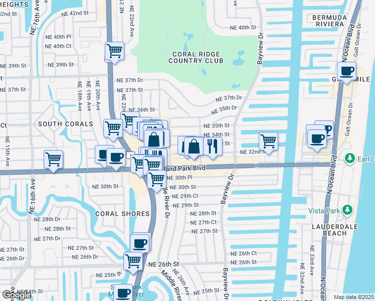 map of restaurants, bars, coffee shops, grocery stores, and more near 2616 Northeast 33rd Street in Fort Lauderdale