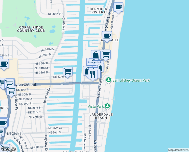 map of restaurants, bars, coffee shops, grocery stores, and more near 3324 Northeast 33rd Street in Fort Lauderdale