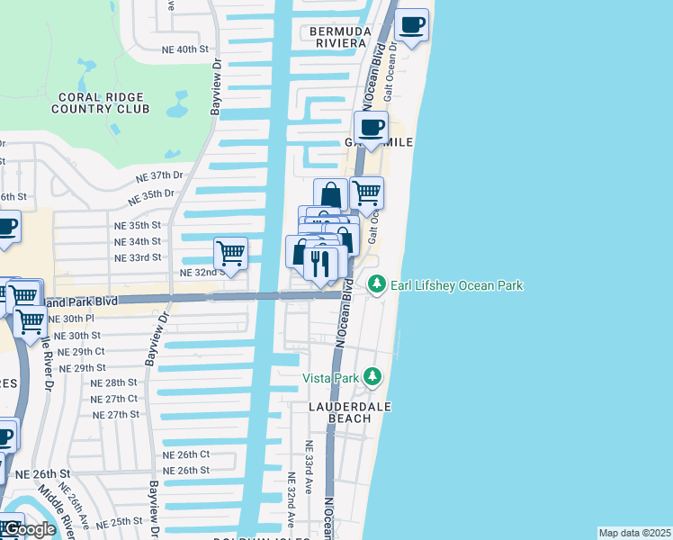 map of restaurants, bars, coffee shops, grocery stores, and more near 3324 Northeast 33rd Street in Fort Lauderdale