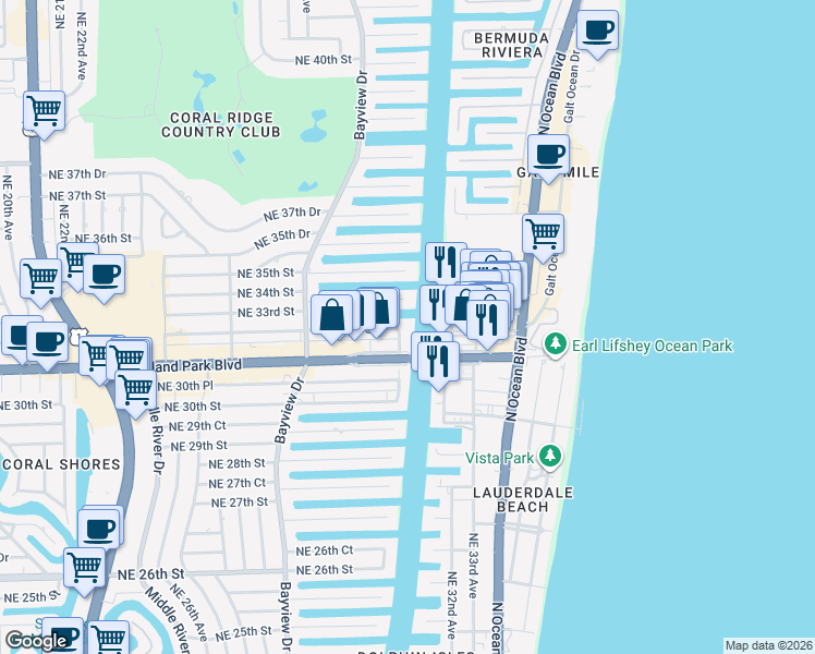 map of restaurants, bars, coffee shops, grocery stores, and more near 2895 Northeast 32nd Street in Fort Lauderdale