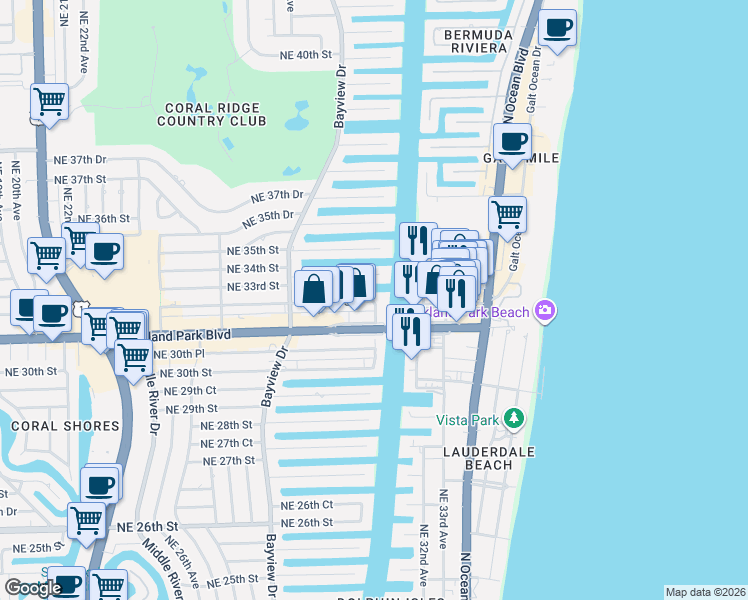 map of restaurants, bars, coffee shops, grocery stores, and more near 2895 Northeast 32nd Street in Fort Lauderdale