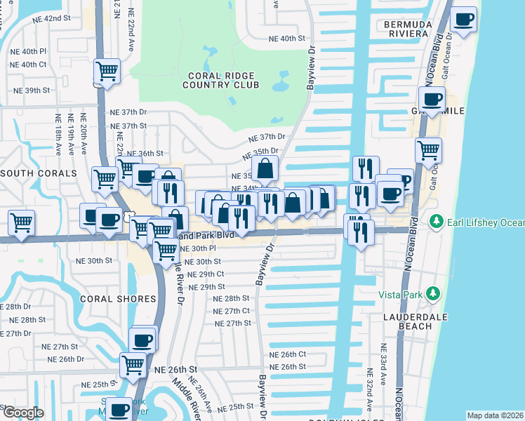 map of restaurants, bars, coffee shops, grocery stores, and more near 2764 Northeast 33rd Street in Fort Lauderdale
