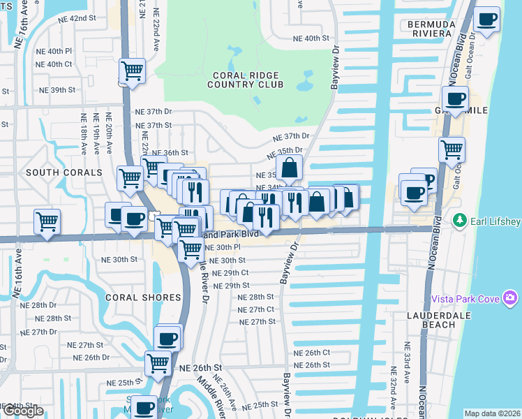 map of restaurants, bars, coffee shops, grocery stores, and more near 2724 Northeast 33rd Street in Fort Lauderdale