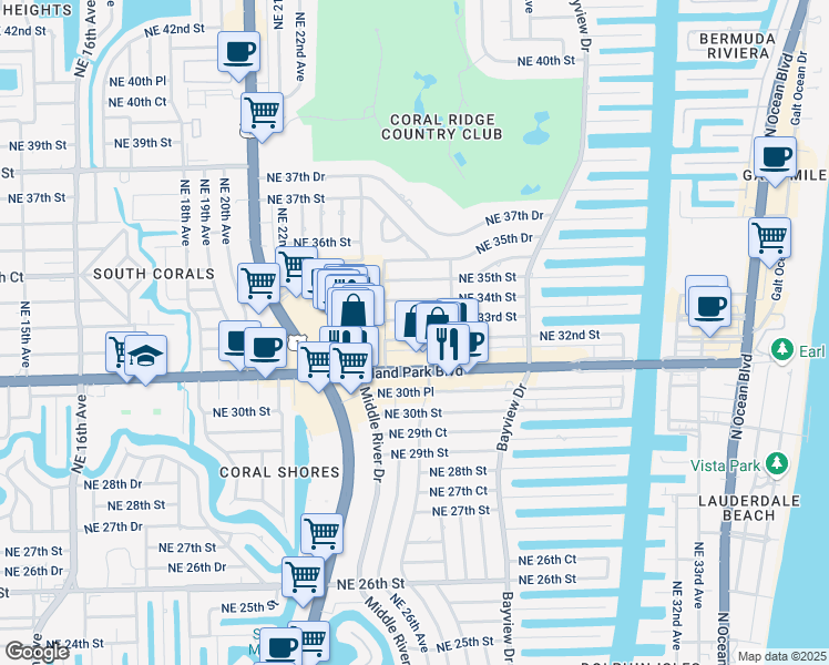 map of restaurants, bars, coffee shops, grocery stores, and more near 2616 Northeast 33rd Street in Fort Lauderdale