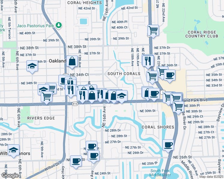 map of restaurants, bars, coffee shops, grocery stores, and more near 1633 Northeast 33rd Street in Oakland Park