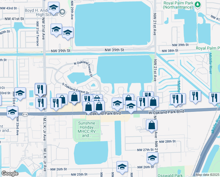 map of restaurants, bars, coffee shops, grocery stores, and more near 2647 Northwest 33rd Street in Oakland Park