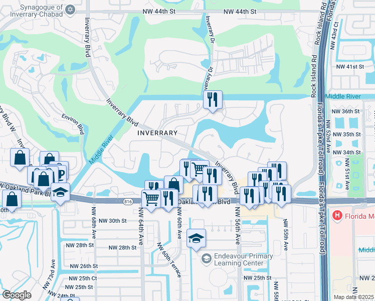 map of restaurants, bars, coffee shops, grocery stores, and more near 3360 Spanish Moss Terrace in Lauderhill