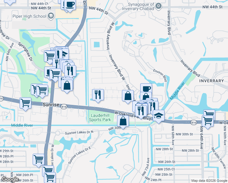 map of restaurants, bars, coffee shops, grocery stores, and more near 7376 Northwest 34th Street in Lauderhill