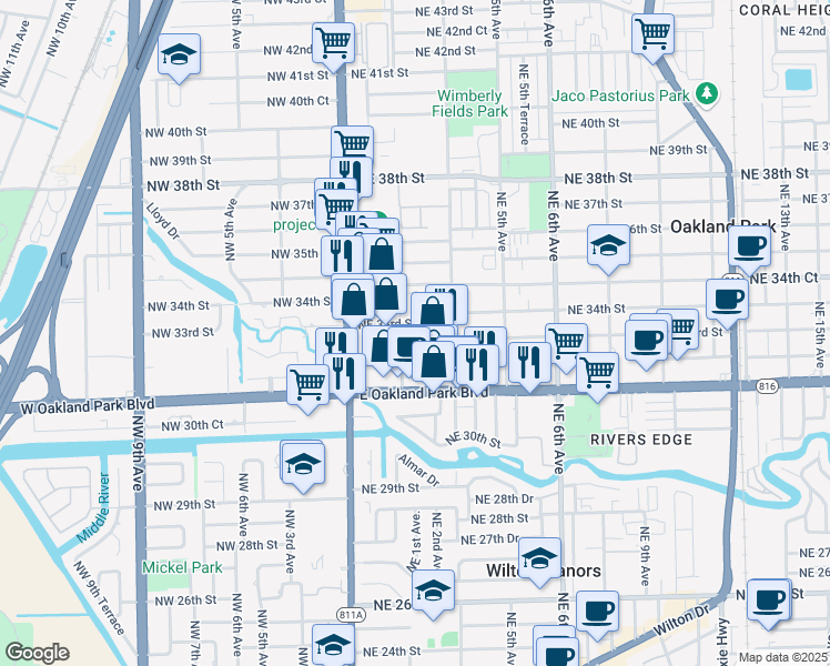 map of restaurants, bars, coffee shops, grocery stores, and more near 244 Northeast 33rd Street in Oakland Park