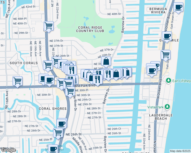 map of restaurants, bars, coffee shops, grocery stores, and more near 2724 Northeast 33rd Street in Fort Lauderdale