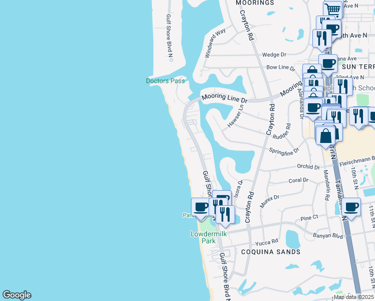 map of restaurants, bars, coffee shops, grocery stores, and more near 1977 Gulf Shore Boulevard North in Naples